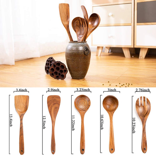 AIUHI Mondayou Handmade Natural Teak Wood Organic Spoons for for Nonstick Cookware -Set of 5