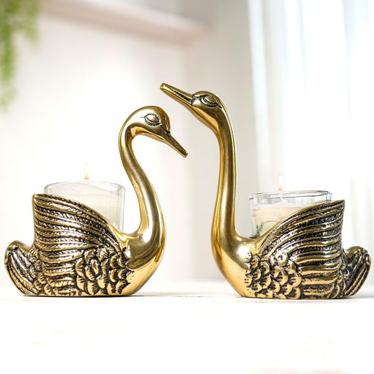BEHOMA Aluminium Pair of Swans for Good Luck and Love | Candle Holder for Home Decor Tabletop Living Room | Showpiece for Gifting Anniversary Diwali & Navratri Pooja (Candles/Plants Not Included),Gold
