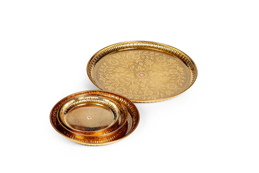 Diamond Steel Small Pure Brass Plate for Puja/Diwali | Bhog Thali with Beautiful Floral Embossed Design | Dinner Plate | Multipurpose Pital Plates Set for Kitchen| Size- (10 Inch)