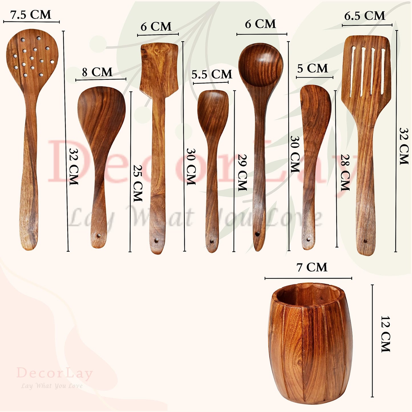 Decorlay Wooden Cooking Spoon Set, 7-Piece, Brown, 35 Cm