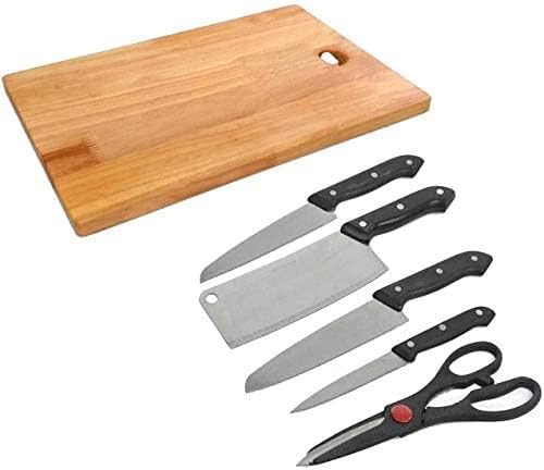 ASTIKAYA® Stainless Steel Kitchen 5-Pcs Knife Set with Wooden Chopping Board & Scissor Vegetable & Meat Cutting (Set of 5 + 1 Chopper Board)