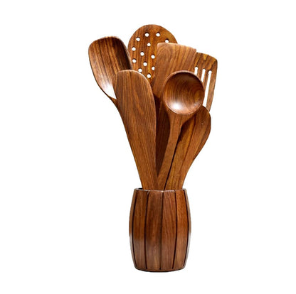 Decorlay Wooden Cooking Spoon Set, 7-Piece, Brown, 35 Cm