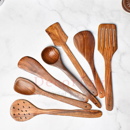 Decorlay Wooden Cooking Spoon Set, 7-Piece, Brown, 35 Cm