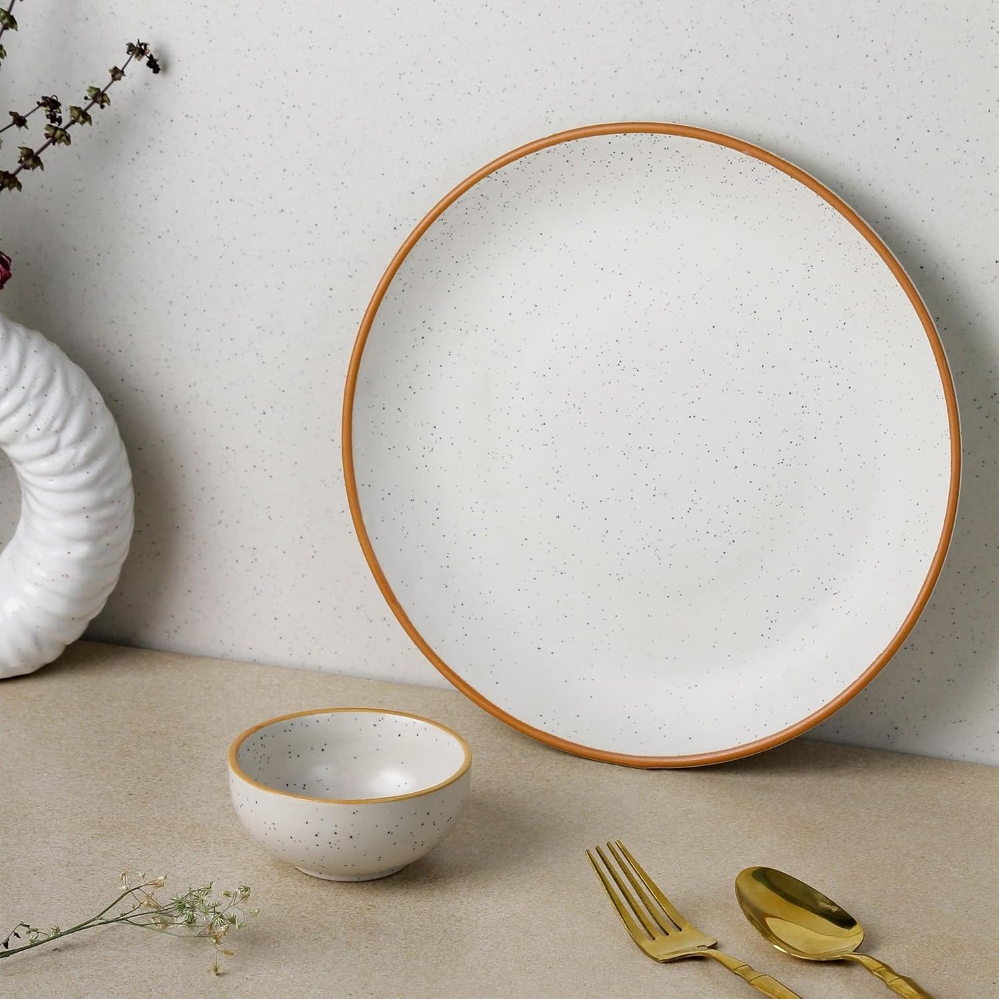 The Earth Store Handcrafted White Matte Brown Ceramic Dinner Set